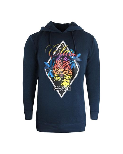 Roberto Cavalli Blue Diamond Tiger Design Hoodie Cotton for men