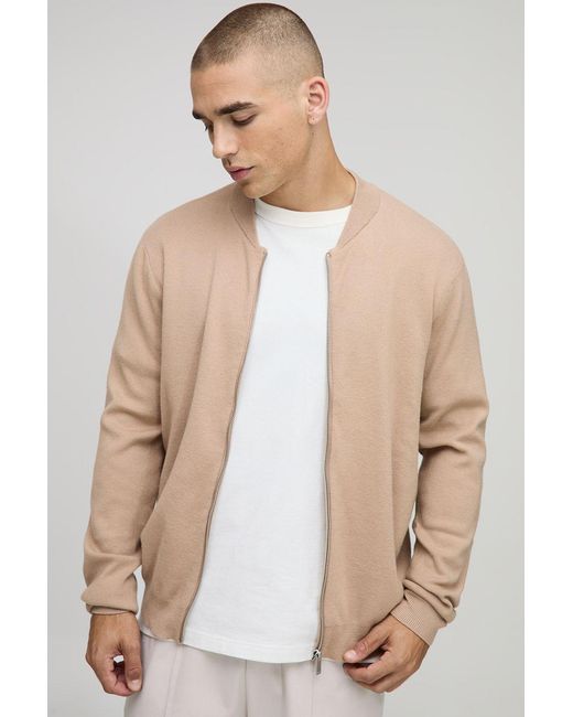 BoohooMAN Natural Regular Fit Smart Knitted Bomber Jacket for men