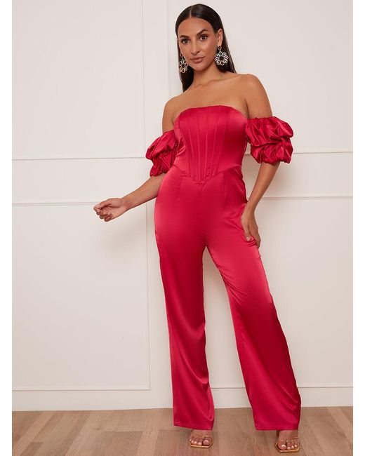 Chi Chi London Petite Bardot Corset Style Jumpsuit in Red Lyst UK