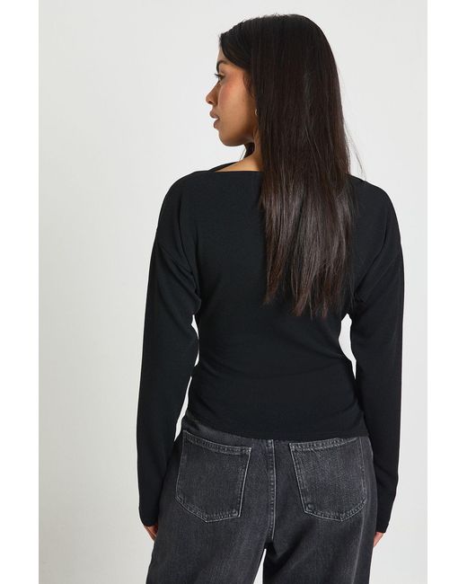Boohoo Black Crepe Grown On Neck Trim Belt Detail Long Sleeve Top