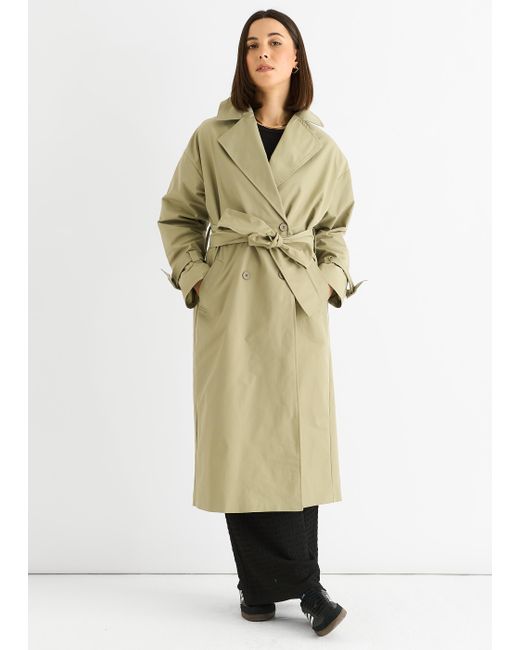Gini London Natural Sage Double Breast Longline Belted Trench Coat
