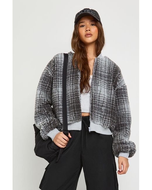 Boohoo Gray Check Teddy Bomber Jacket