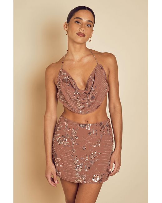 MissPap Natural Embellished Cowl Neck Crop Top