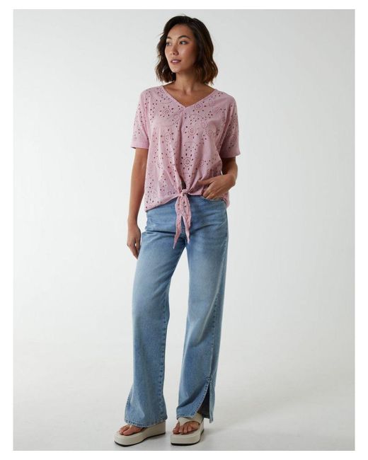 Blue Vanilla Red Broderie Batwing Knot Front Top