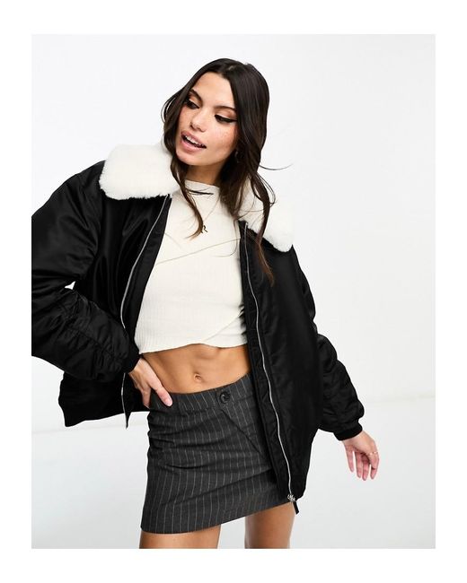 Miss Selfridge Black Faux Fur Collar Bomber Jacket