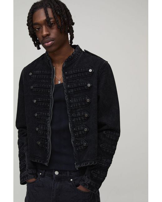 BoohooMAN Black Washed Military Cropped Denim Jacket for men
