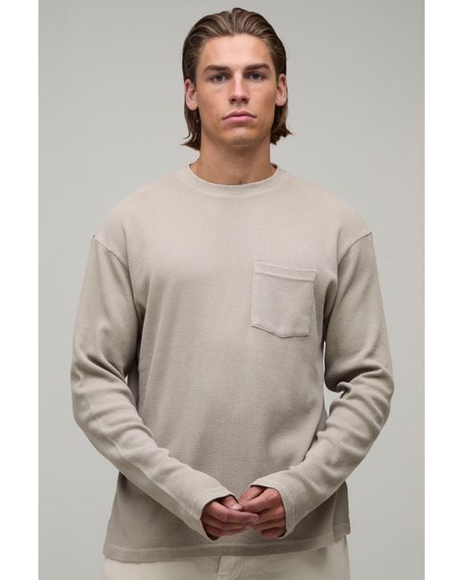 BoohooMAN Gray Essential Regular Fit Wash Long Sleeve Waffle Pocket T-Shirt for men
