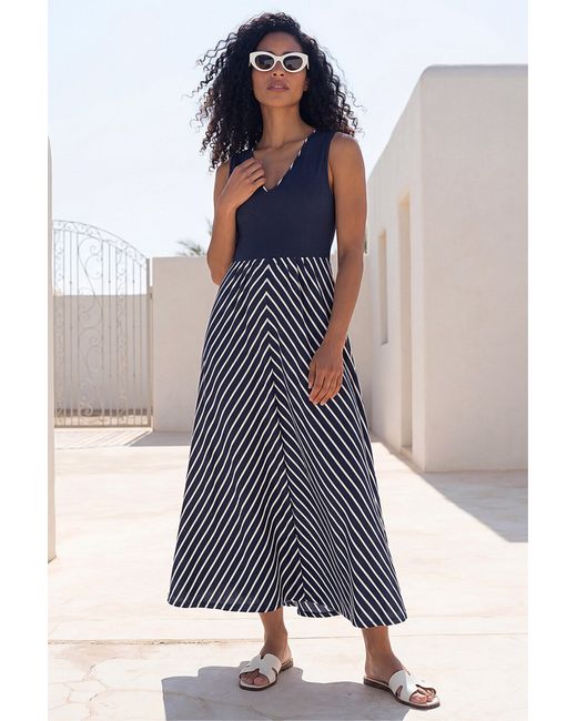 Roman Blue Chevron Print Ribbed Midi Dress