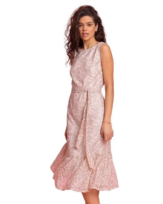 Roman Pink Belted Lace Detail Tiered Midi Dress