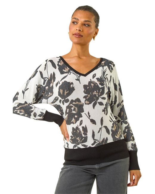 Roman Black Floral Print V-Neck Knit Jumper