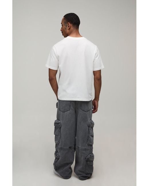 BoohooMAN Black Acid Wash Zip Off Multi Cargo Baggy Jeans for men