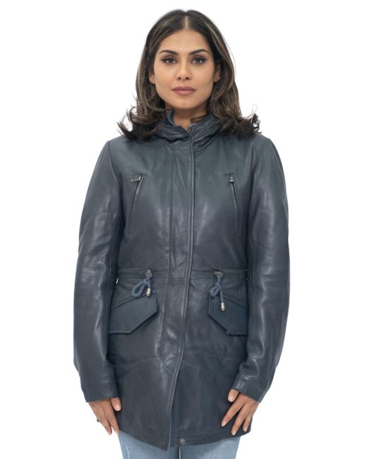 Infinity Leather Blue Hooded Parka Jacket-Bucharest