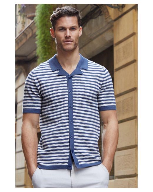 Threadbare Blue 'Coniston' Cotton Mix Striped Short Sleeve Knitted Shirt for men