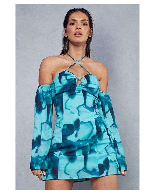 MissPap Blue Abstract Print Halterneck Flare Sleeve Mini Dress