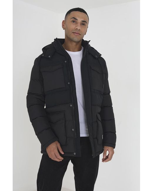 Brave Soul Blue 'Windsurf' Mixed Fabric Hooded Puffer Parka Jacket for men
