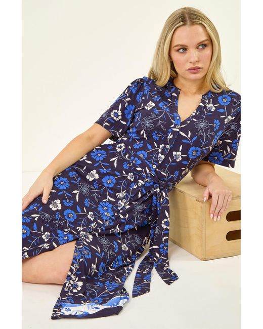 Roman Blue Petite Floral Border Stretch Dress