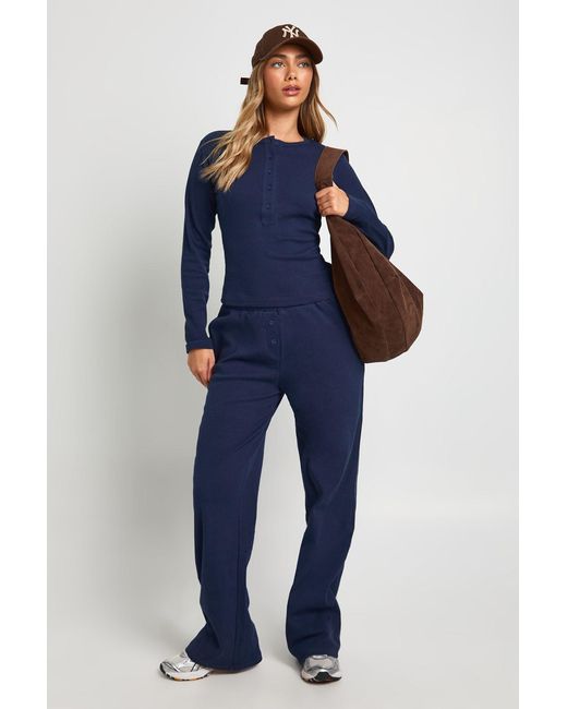 Boohoo Blue Cotton Button Through Crew Neck Top & Trouser Co Ord