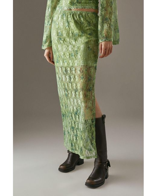 Warehouse Green Printed Lace Maxi Skirt