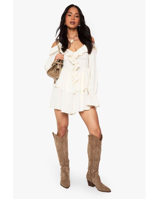Boohoo White Crinkle Ruffle Layered Mini Dress