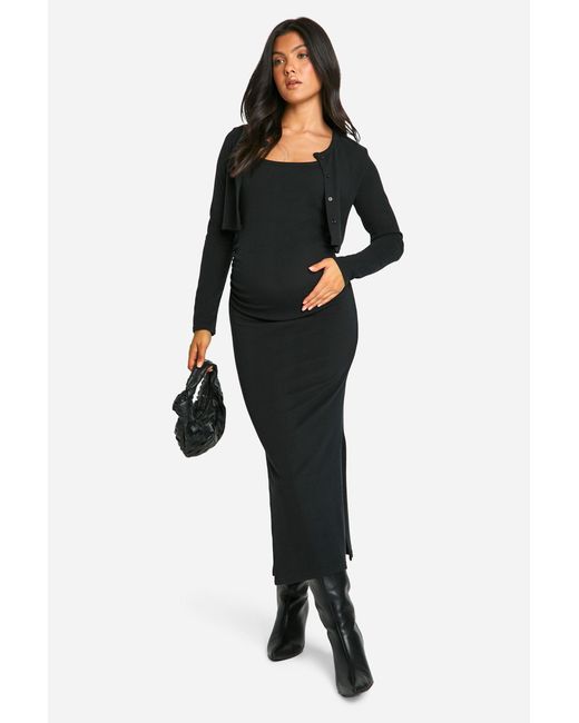 Boohoo Black Maternity Textured Rib Strappy Side Split Midaxi Dress & Crop Cardigan