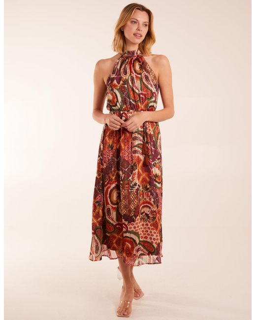 Blue Vanilla Orange Halter Neck Tassel Detail Midi Dress
