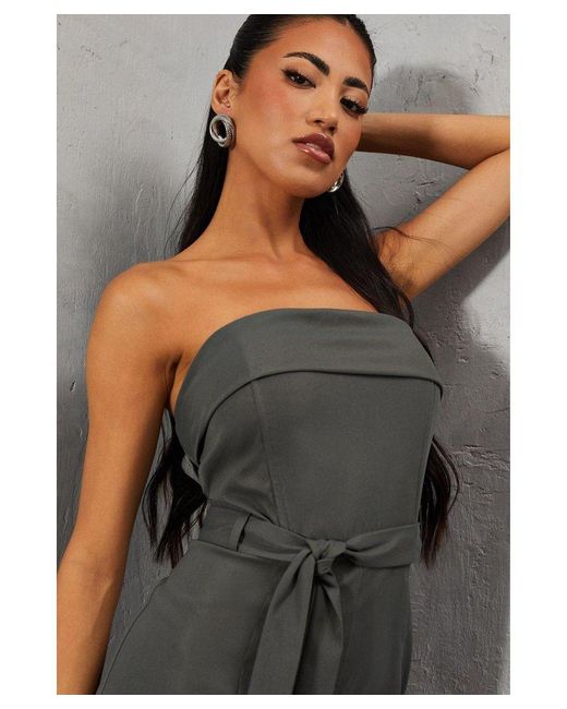 MissPap Gray Bandeau Belted Wide Leg Jumpsuit