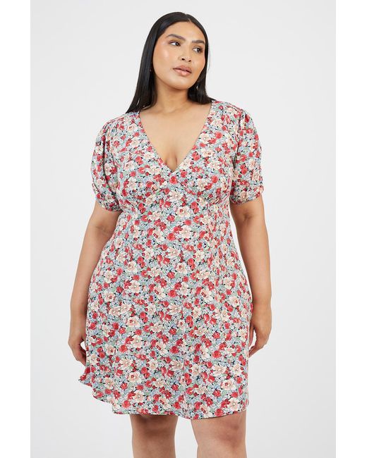 Brave Soul White Curve Floral Puff Sleeve V-Neck Mini Dress