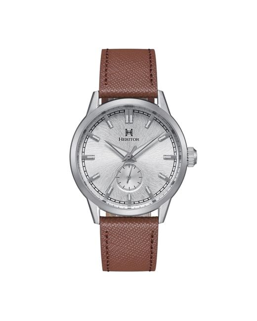 Heritor Metallic Argento Leather-Band Watch for men