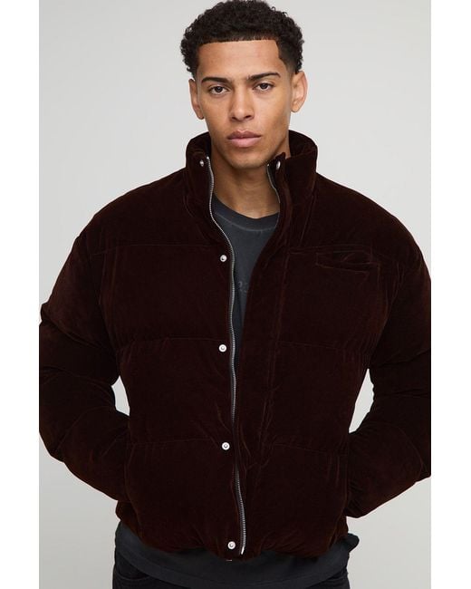 BoohooMAN Brown Boxy Fit Velour Funnel Neck Puffer Jacket for men