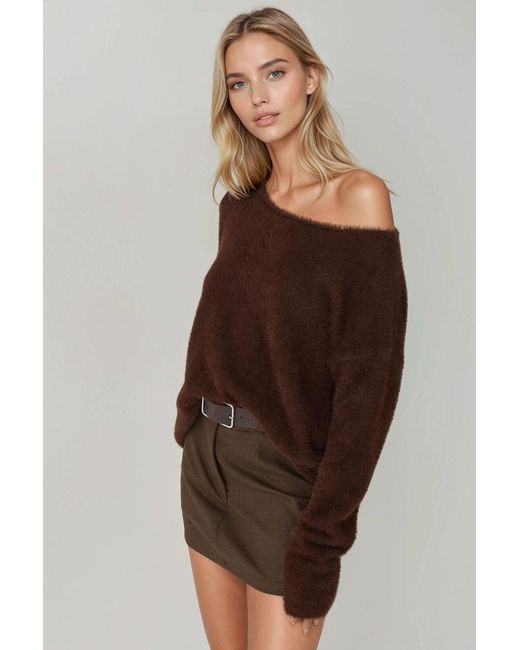 Hiccup Brown Soft Textured Boat Neck Knit Sweater