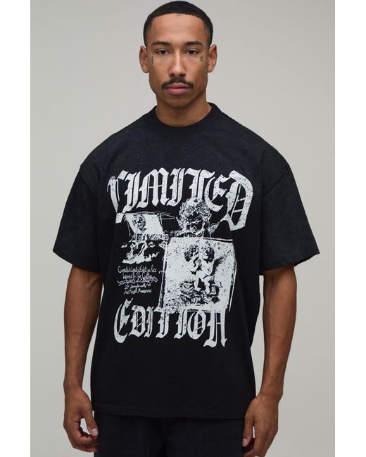 BoohooMAN Black Oversized Renaissance Print Spray Wash T-Shirt for men