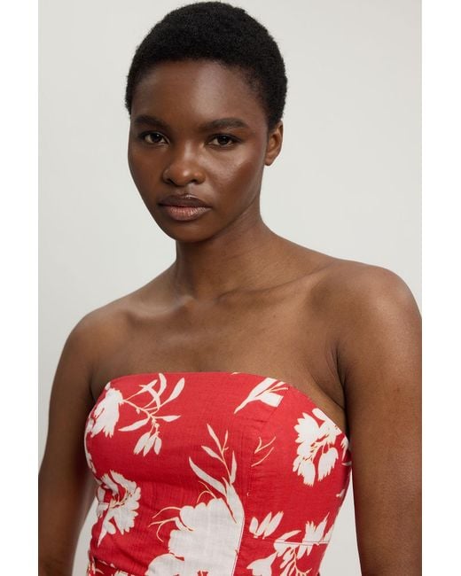 Karen Millen Red Double Cloth Printed Bandeau Peplum Midi Dress