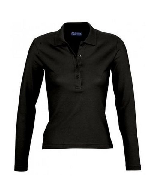 Sol's Black Ladies Podium Long Sleeve Pique Cotton Polo Shirt