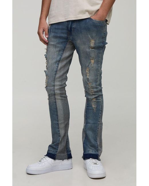 BoohooMAN Blue Skinny Stretch Flared Washed Ripped Gusset Jeans for men