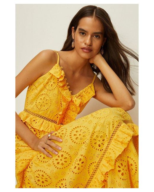 Oasis Yellow Premium Broderie V Neck Ruffle Midi Dress Cotton