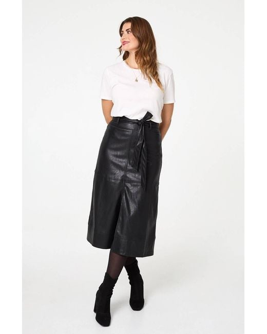 Izabel London Black Faux Leather Tie Waist A-Line Midi Skirt