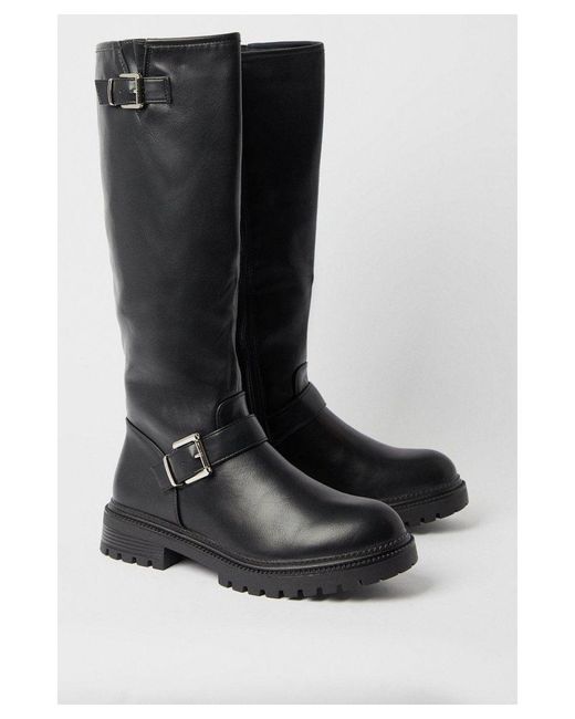 Warehouse Black Faux Leather Double Buckle Knee High Boots