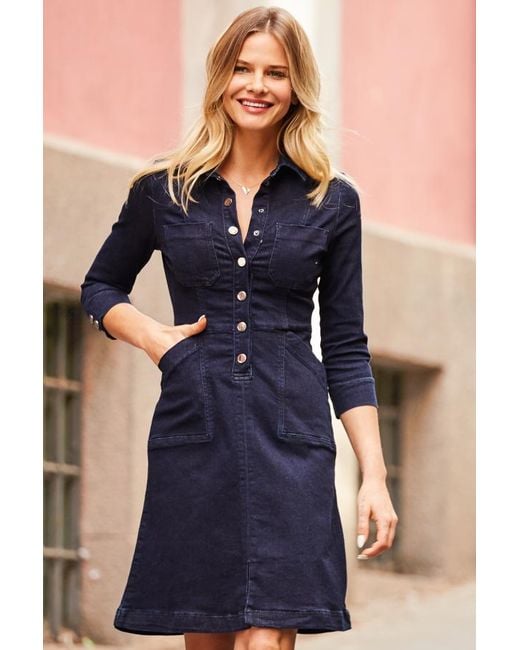 Sosandar Blue Dark Popper Front 3/4 Sleeve Stretch Denim Dress