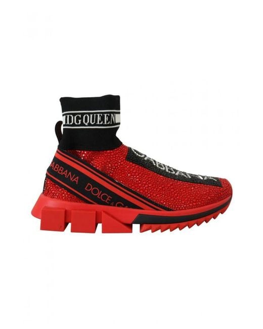 Dolce & Gabbana Red Crystal Embellished Slip-On Sneakers By