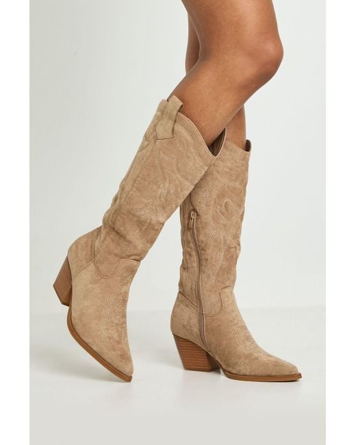 Boohoo Natural Faux Suede Embroidered Knee High Western Boots
