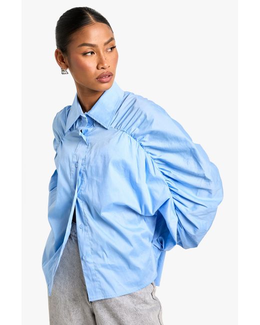Boohoo Blue Ruched Sleeve Detail Cotton Poplin Shirt