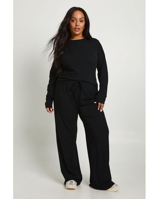 Boohoo Black Plus Rib Basic Long Sleeve Top & Elasticated Waist Trouser Co Ord