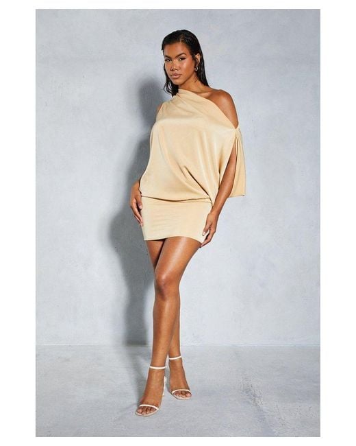 MissPap Natural Satin Off Shoulder Asymmetric Bodycon Mini Dress