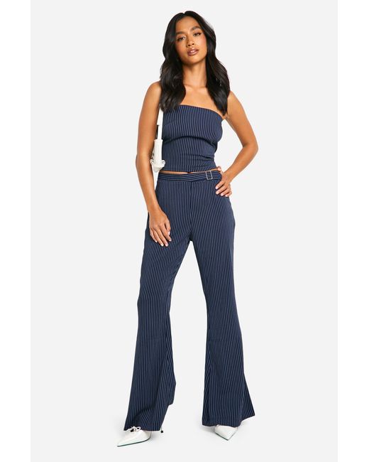 Boohoo Blue Petite Low Waist Pinstripe Flare Trousers