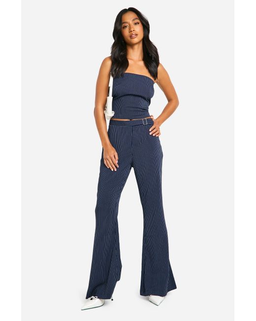 Boohoo Blue Petite Low Waist Pinstripe Flare Trousers