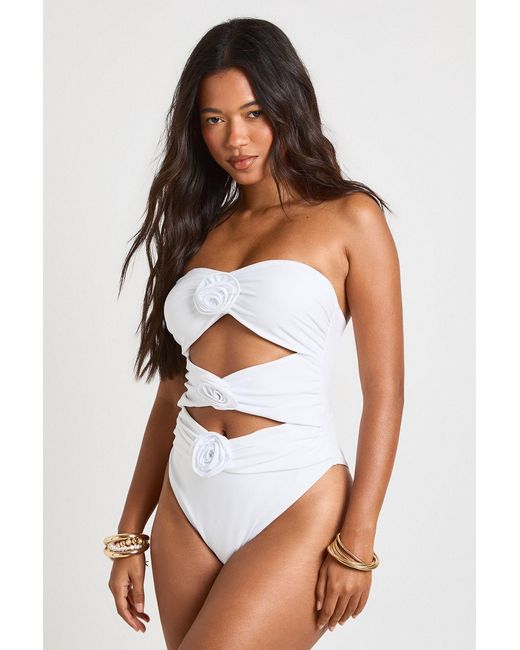 Boohoo White Flower Trim Cut Out Bandeau Swimsuit