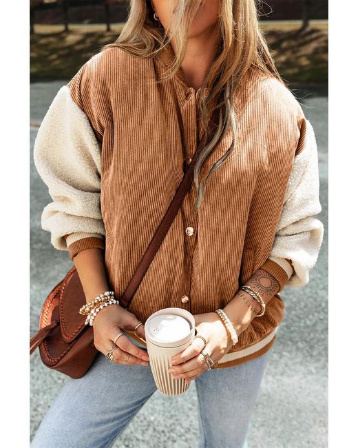 Azura Exchange Buckskin Corduroy Fleece Patchwork Knopjack Bomberjack in het Brown
