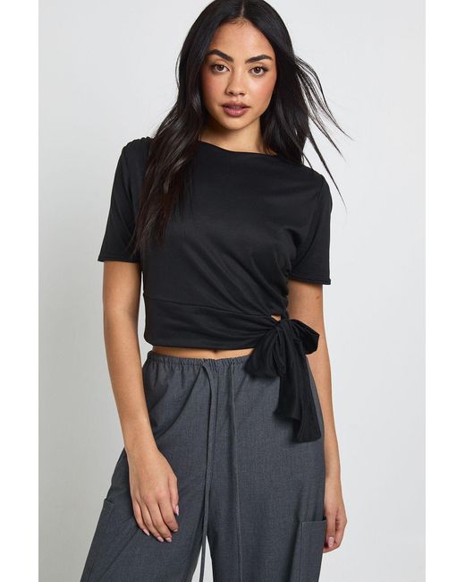 Boohoo Black Supersoft Cut Out Tie Drape Short Sleeve Top