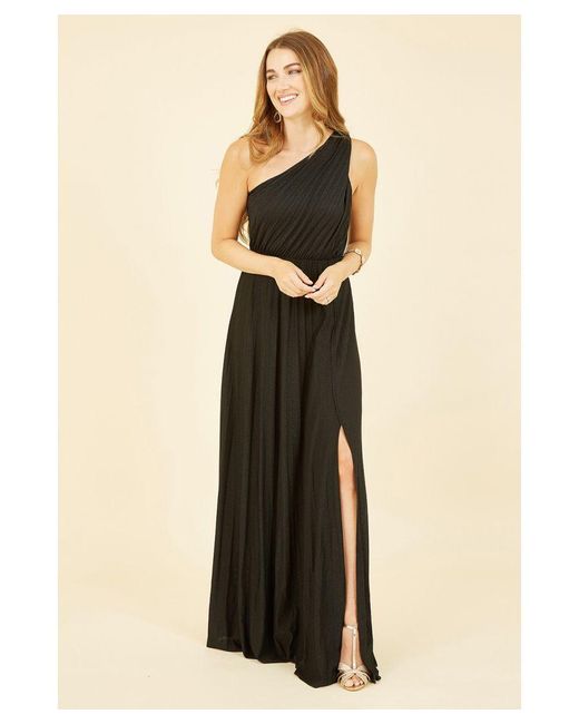 Yumi' Natural One Shoulder Pleated Maxi Dress With Split Hem