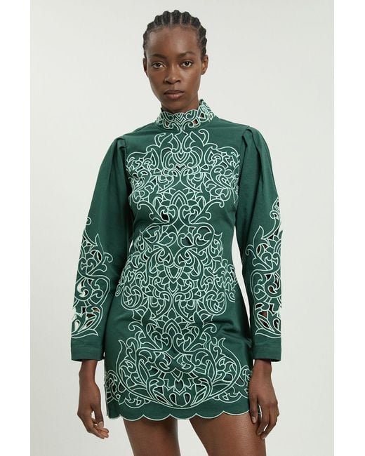 Karen Millen Green Cotton Cutwork Twill Woven Mini Dress